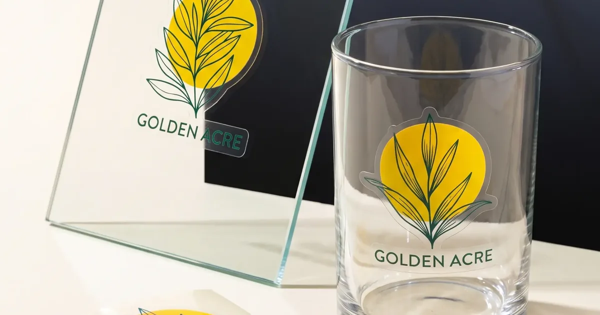 Transparent custom stickers applied to glass containers