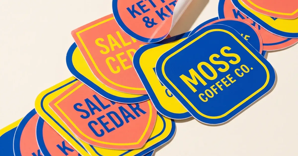 Assorted custom Kiss-Cut brand stickers on backing paper