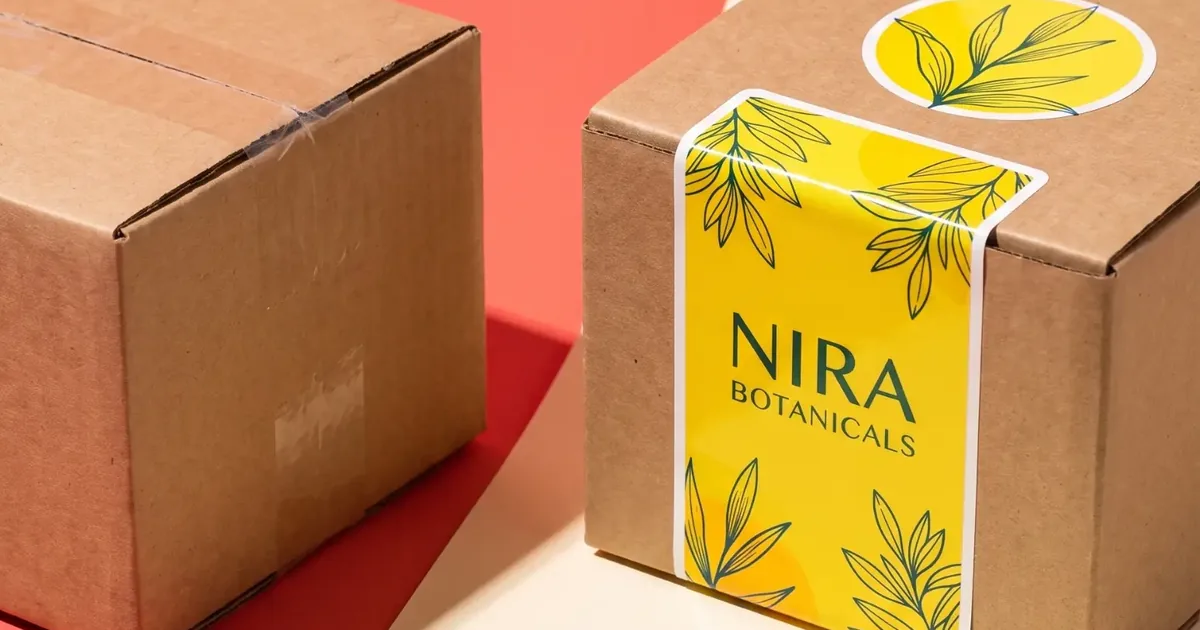 Custom branded labels applied to D2C product packaging boxes