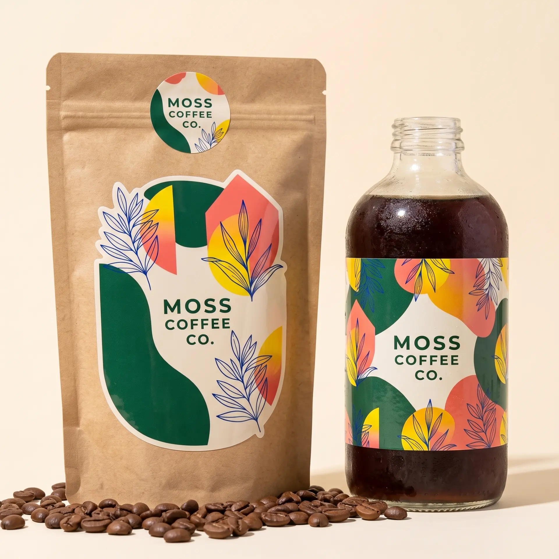 Coordinated coffee pouch and bottle labels