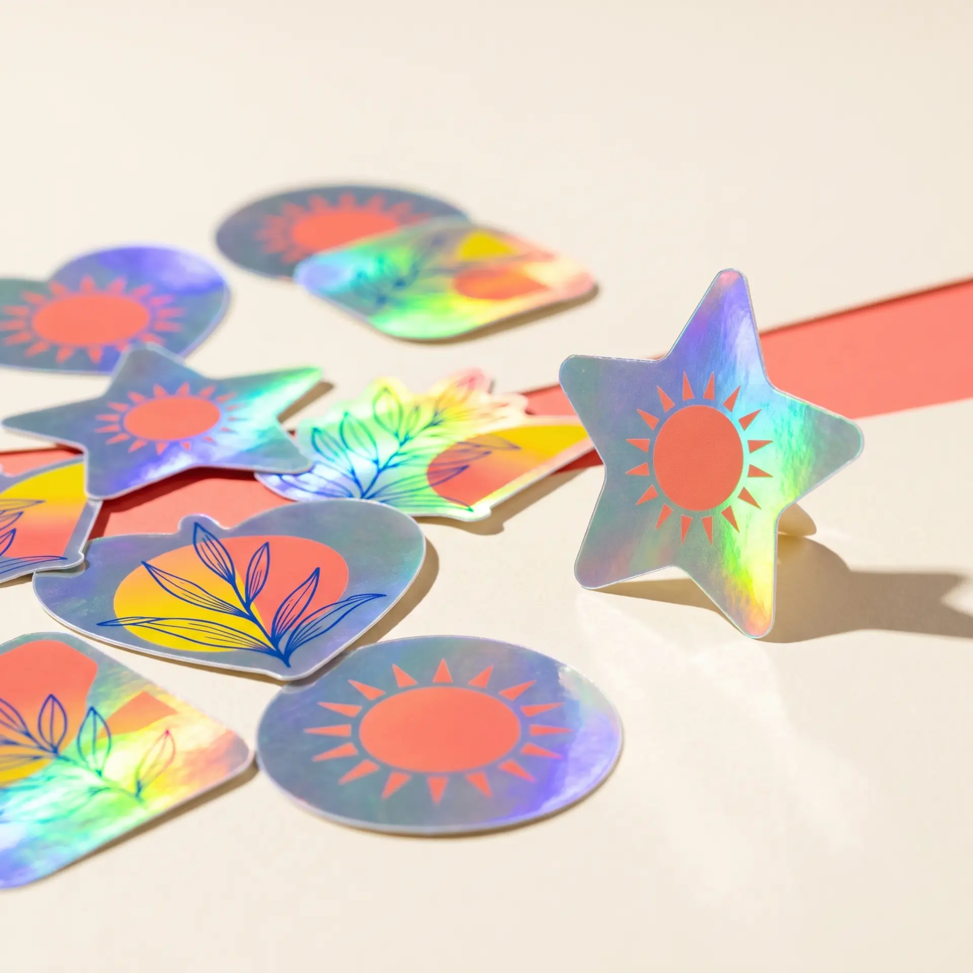 Holographic custom stickers in assorted shapes
